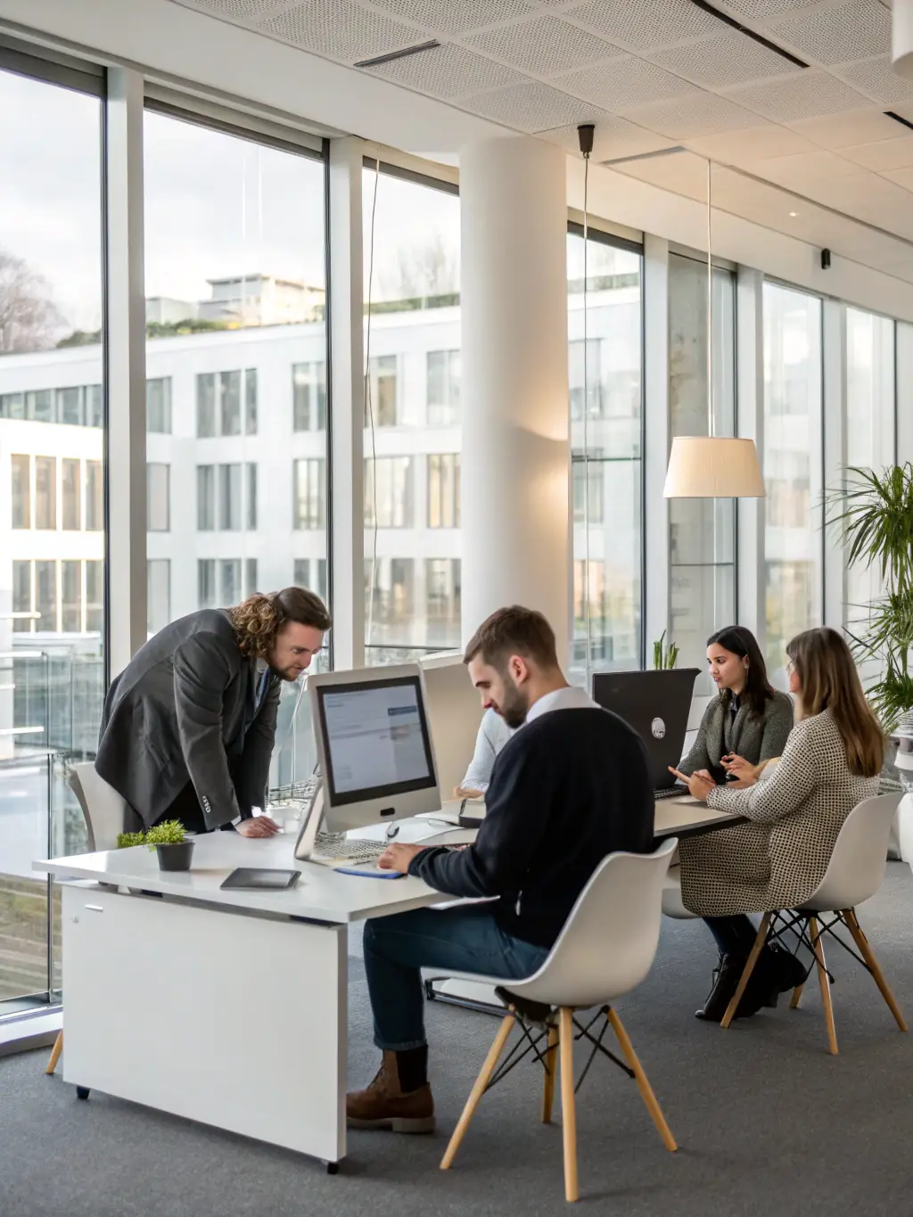 A modern office space with employees working on computers, representing Elluminent's commitment to innovation and technology.