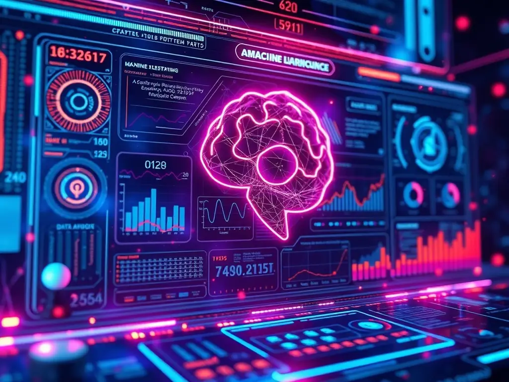 A futuristic interface displaying real-time data analysis and insights, with neural network visualizations and AI-generated recommendations.