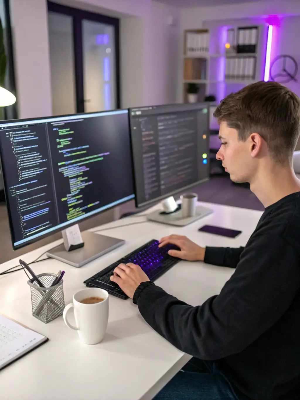 A developer writing code on a computer screen, illustrating the technical development and implementation phase.