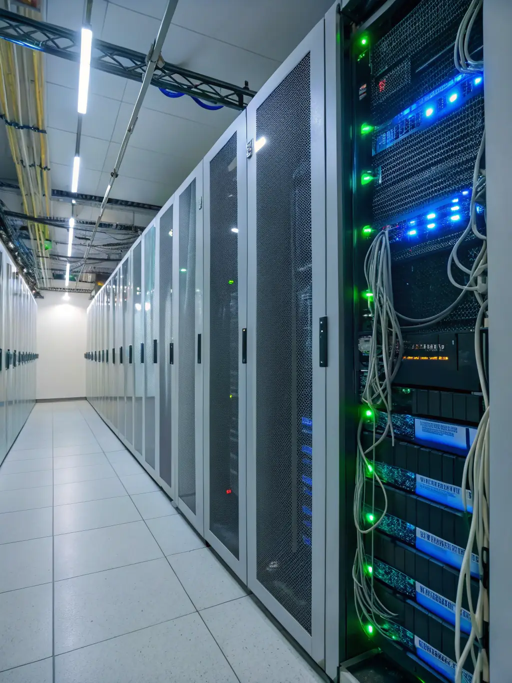 A secure server room with blinking lights, representing the data security and reliability of Elluminent's cloud solutions for healthcare and enterprise clients.