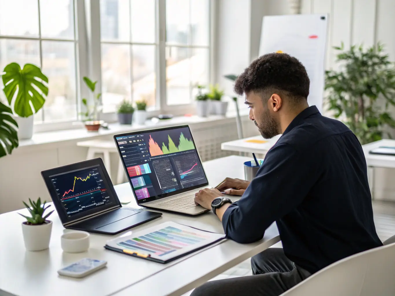 A professional showcasing a machine learning model output on a laptop, surrounded by data visualizations and code snippets, in a modern office setting.