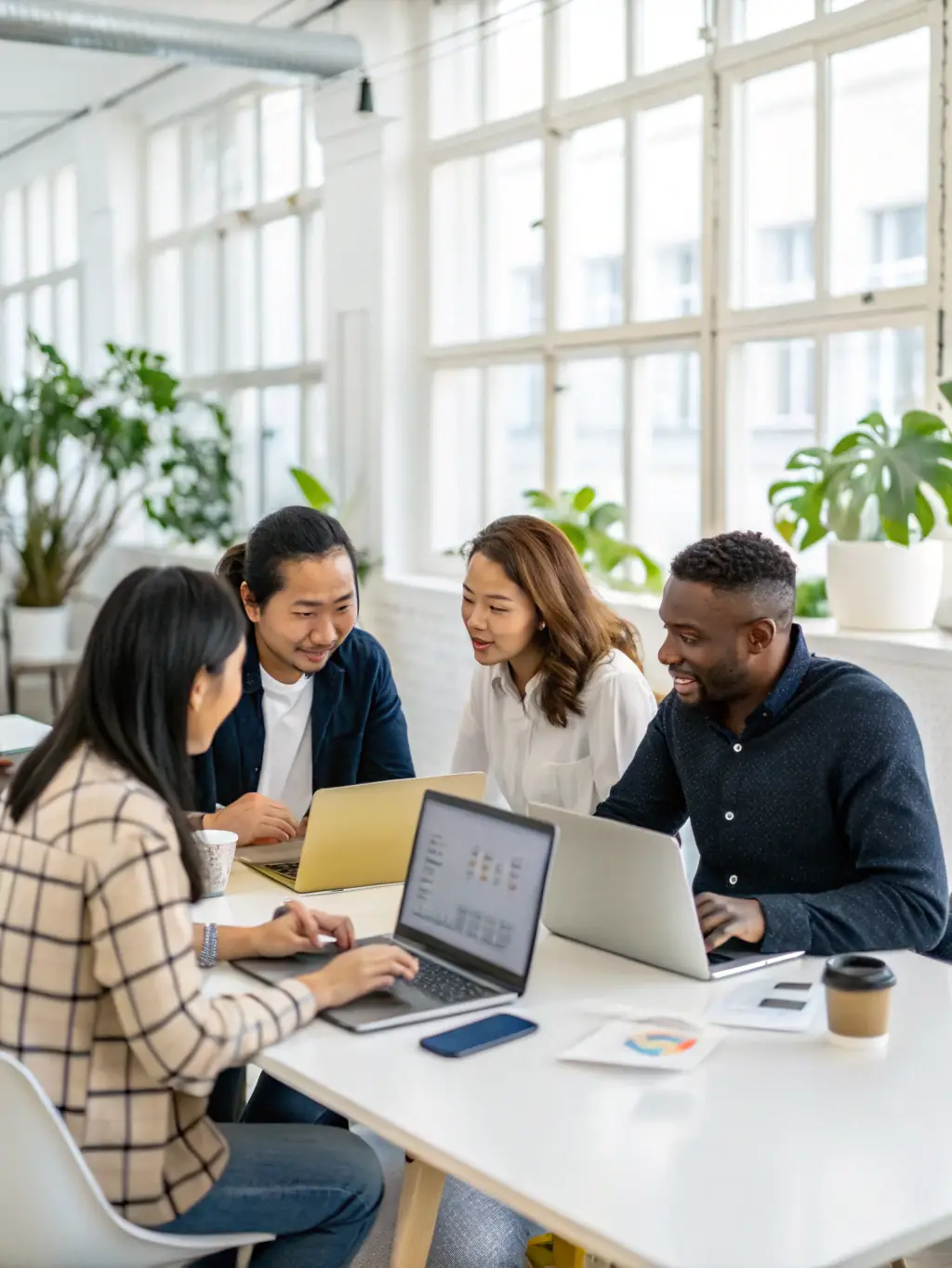 A photo of a diverse team brainstorming website ideas on a whiteboard in a modern office setting, representing the initial consultation phase.