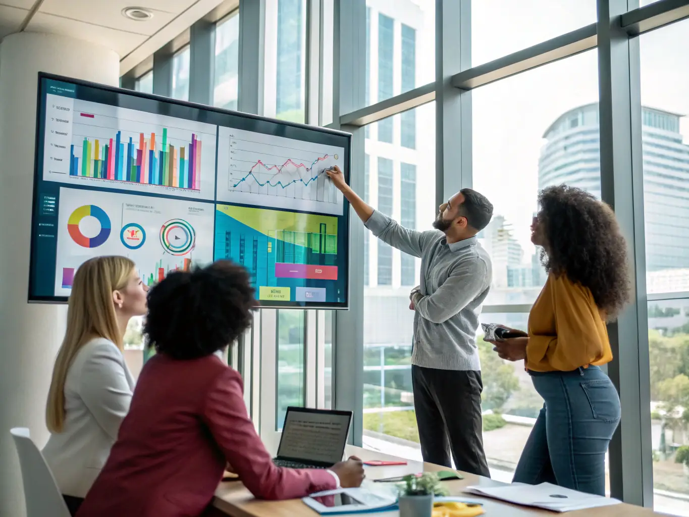 A diverse team collaborating on an AI-powered project, discussing algorithms and data sets on a large interactive display in a collaborative workspace.