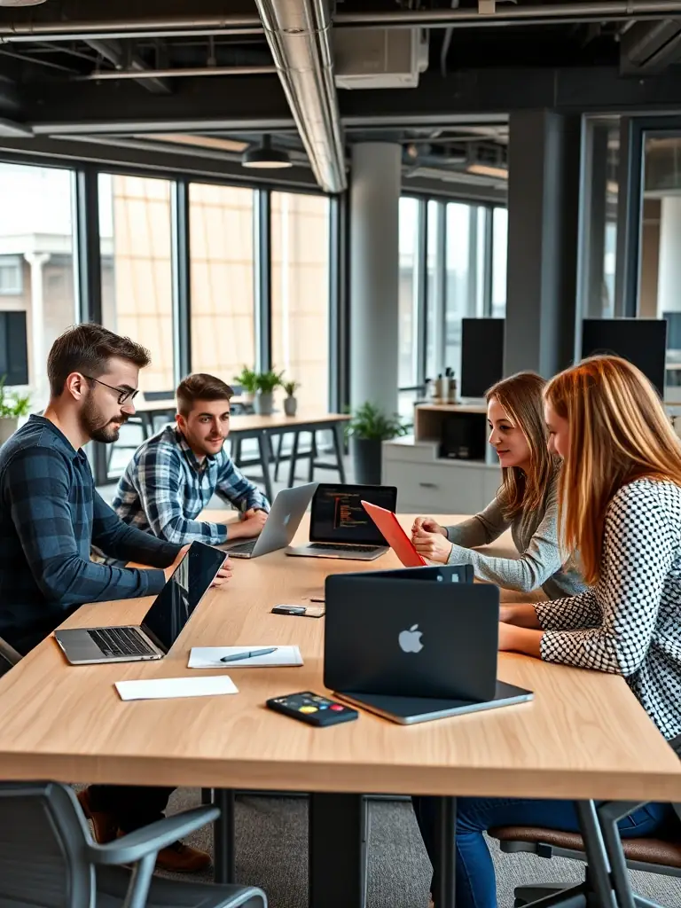 A professional photograph of a software development team collaborating on code, showcasing Elluminent's expertise in custom software development.
