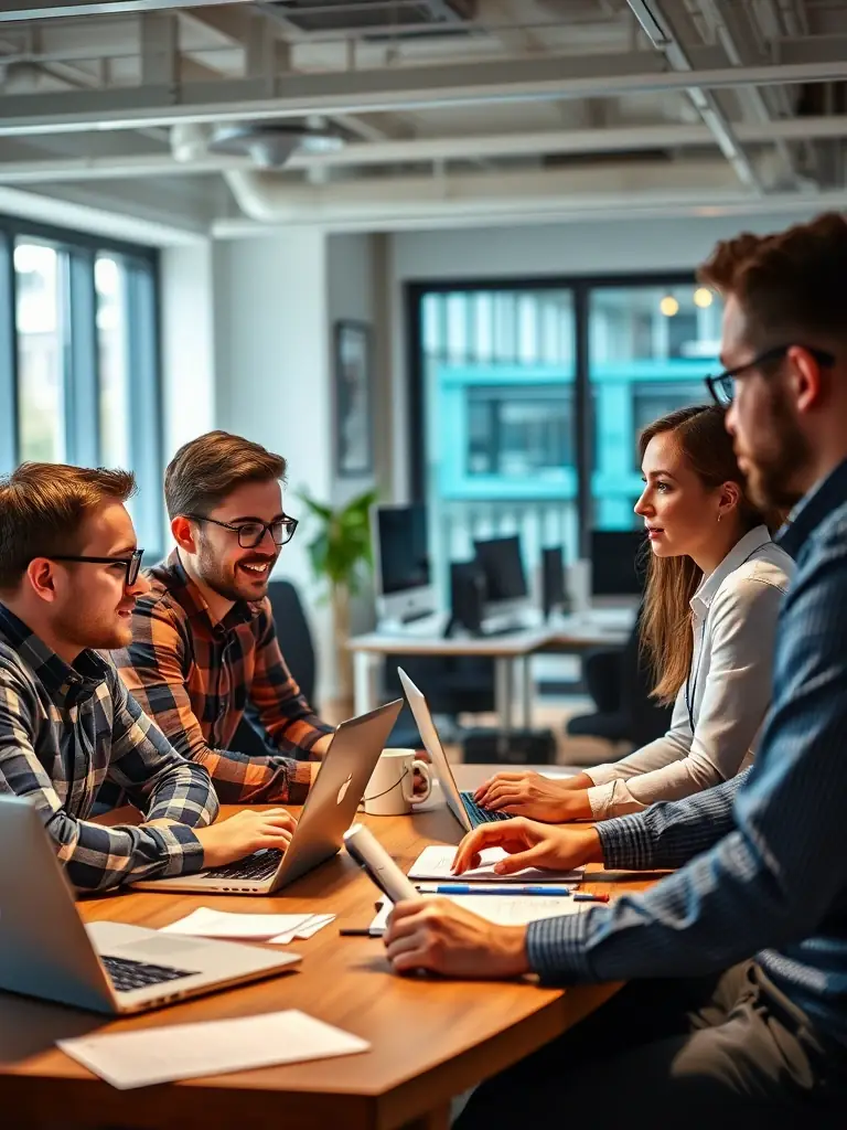 A diverse team of software engineers collaborating on a project, showcasing Elluminent's expertise and commitment to delivering high-quality solutions for clients.