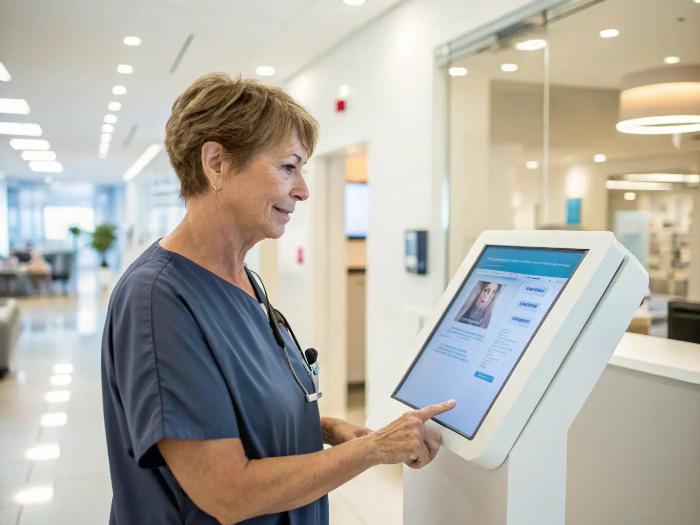 An AI assistant helping a healthcare provider manage patient data and appointments on a large screen in a modern clinic setting.