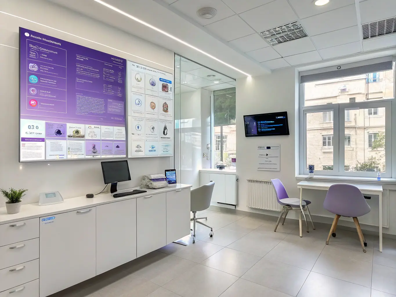 A clean, modern interface showing a patient scheduling an appointment through an AI-powered booking system on a tablet, in a brightly lit doctor's office.