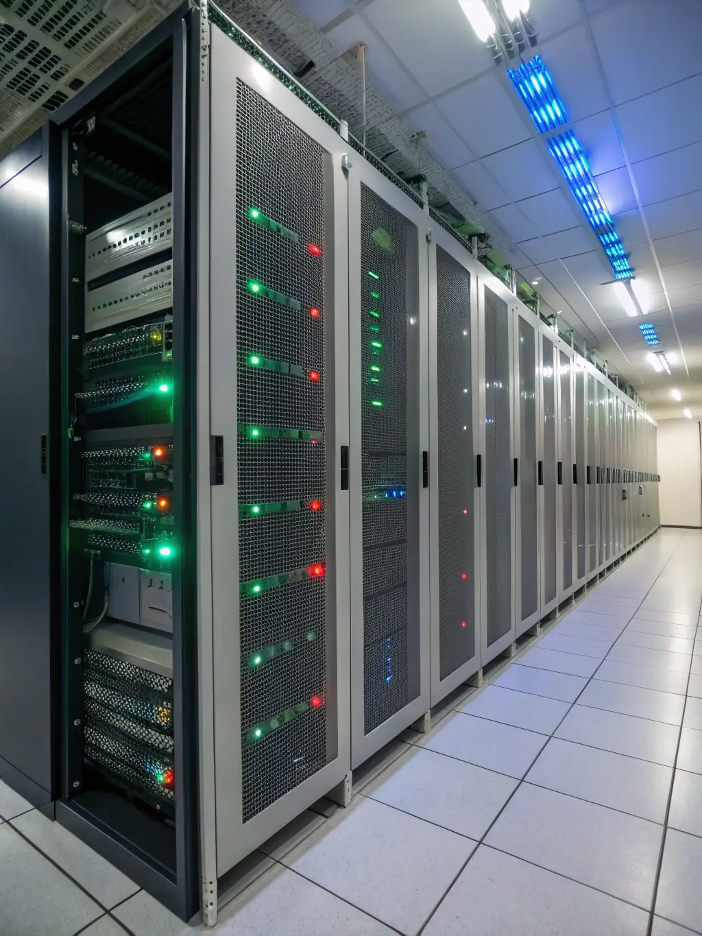A server room with blinking lights, symbolizing the robust infrastructure and deployment capabilities of Elluminent's custom software solutions.