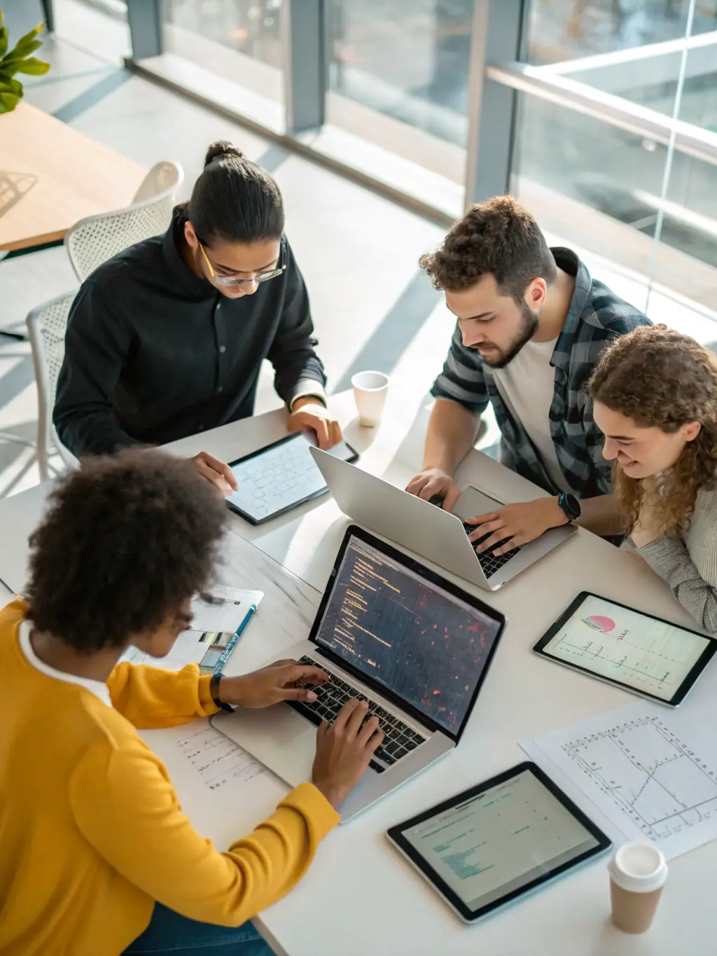 A close-up shot of developers brainstorming around a whiteboard filled with diagrams and code snippets, representing the initial planning phase of custom software development at Elluminent.